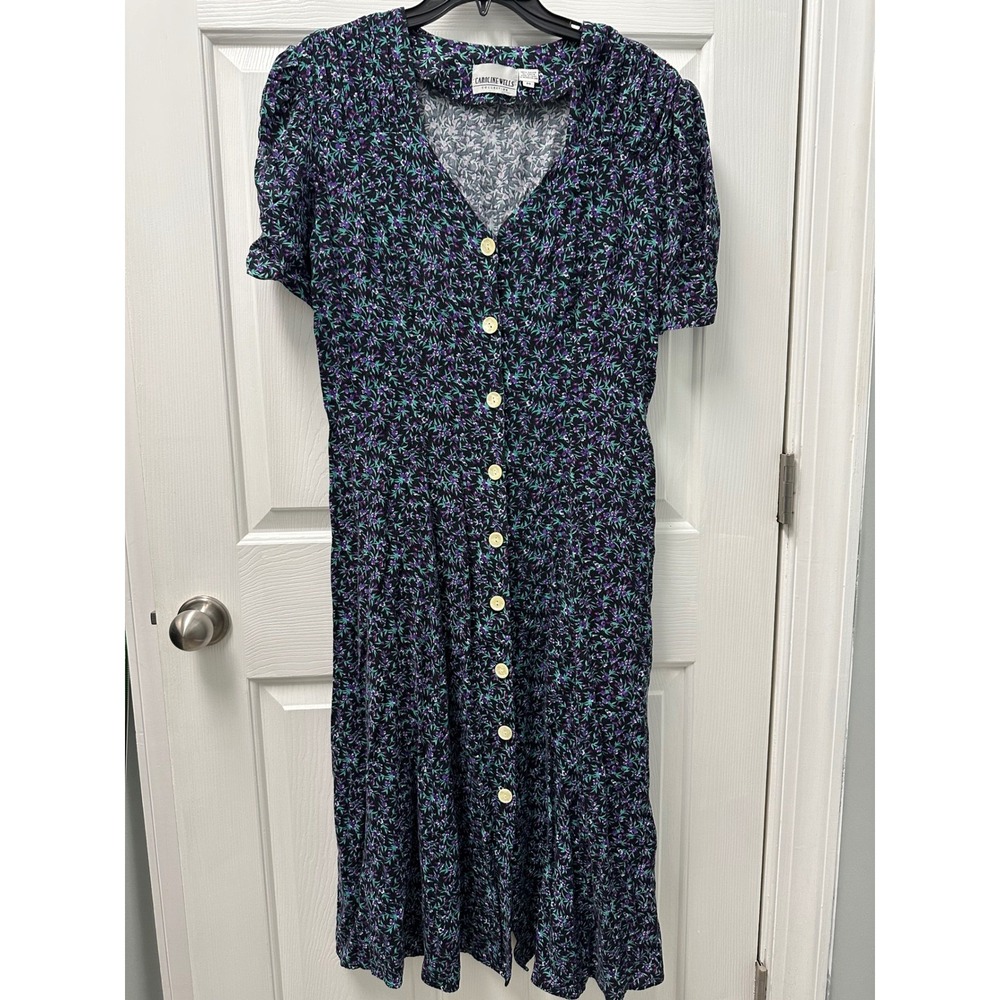 Caroline Wells Vintage Floral Button Front Midi Dress Purple Teal Rayon Size 14